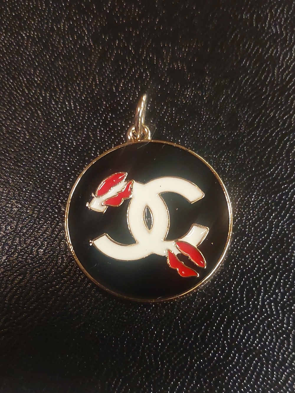 CC Black Enamel Charm Pendant with Red Lip Accents